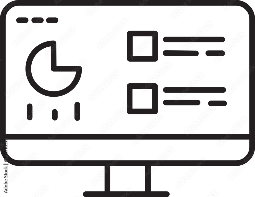 Poster computer monitor displays simple line art interface with pie chart and checklist, representing data 
