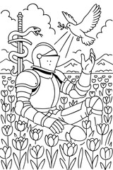 Knight in a Tulip Field with Dove and Snake