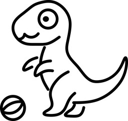 Cute, simple line drawing of cartoon dinosaur with playful expression stands beside small ball, showcasing whimsical and fun design