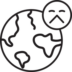 Sad face icon is placed above simple black and white illustration of Earth, symbolizing environmental concerns or global issues. minimalist design conveys sense of urgency and awareness