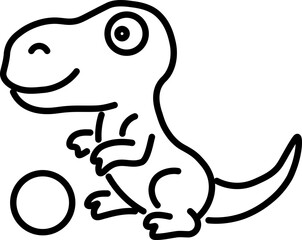 Cute dinosaur cartoon illustration in black and white, featuring playful dinosaur with round body and big smile, holding ball. simple line art style adds charming touch