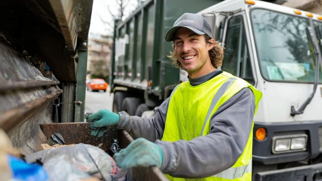 Sanitation worker working near garbage truck