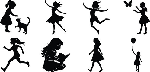 Children playing running silhouette set. Children activity vector isolated on white transparent background
