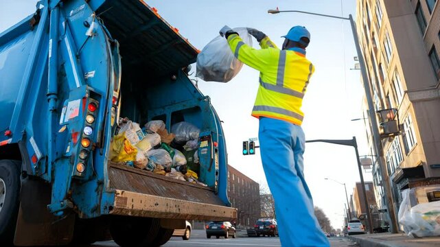 Sanitation worker working near garbage truck