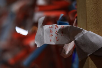 江ノ島神社の境内に結ばれたおみくじのアップ