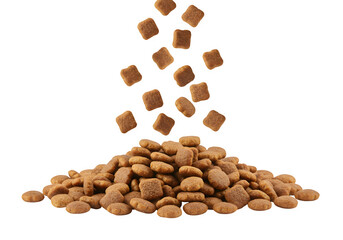 Cat food falling into a pile isolated on white or transparent background. PNG, cutout