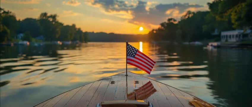 4th of july Sunset cruise on a lake with American flag waving Camera POV from boat deck Motion Smooth forward glide with golden light reflections