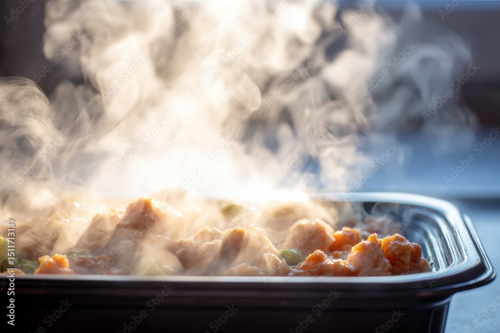 Poster close-up view of steam rising from a heated frozen dinner with a blurred background