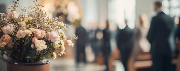 Closed coffin with flower arrangement at memorial service. Funeral ceremony in church hall with blurred silhouettes of attendees. Religious ritual, mourning concept. Burial, last farewell, sorrow.