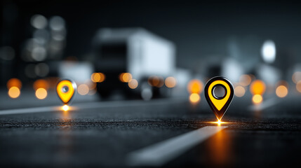 logistics fleet tracking system showing glowing pins for each delivery vehicle in motion.