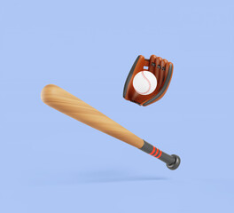 Baseball bit, ball and leather glove. Realistic render set of sport game equipment with brown wood texture, white softball and infield mitt with laces for training and competition. 3D illustration