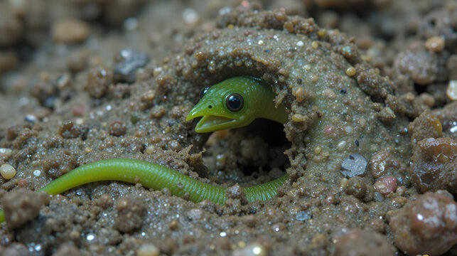 Vibrant green spoon worm, Urechis caupo, burrows into muddy sediment, its spoon-like proboscis extended, in a shallow
