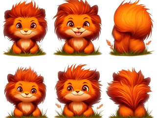 Naklejka premium Cute smiling animal character with fluffy orange fur, sitting on grass, showcasing various angles. This adorable creature exudes joy and charm, perfect for children illustrations or animations