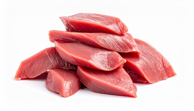 Cuts of raw duck meat stacked isolated on white background