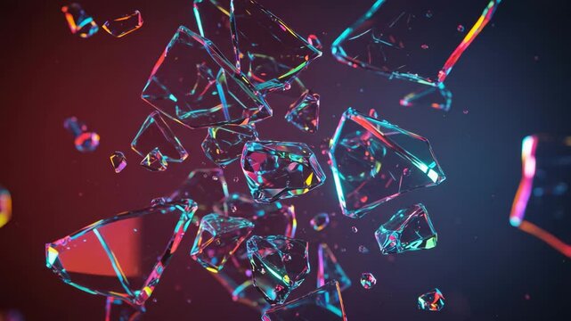 Brilliant shards of transparent material float in a dark space illuminated with red and blue light, creating mesmerizing abstract composition.