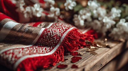 Traditional red and white Peruvian scarf on rustic wood, symbolizing national pride and cultural heritage during Independence Day.