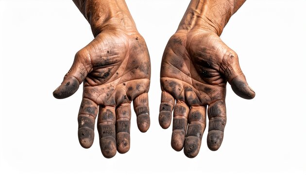 Dirty man hands isolated on transparent white background 