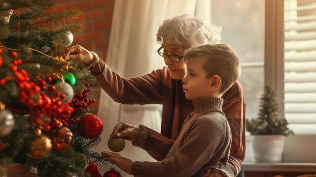 A grandmother and grandson are joyfully decorating a Christmas tree together, filling their home with the festive spirit. The scene captures a heartwarming intergenerational connection during the