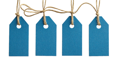 Set of blue craft paper tag with twine on transparent background, png