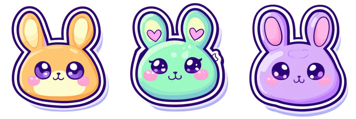 Cute cartoon animals, bunny stickers, colorful design, vector illustration, playful expression, adorable characters