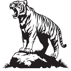 Tiger Standing on Rock - Black and White Vector Illustration