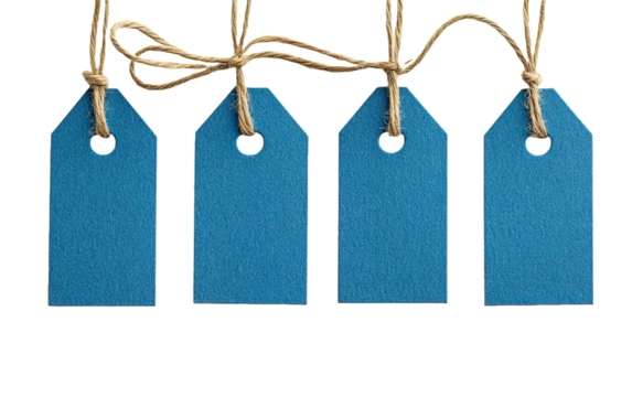 Set of blue craft paper tag with twine on transparent background, png
