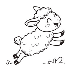 Cartoon lamb jumping happily in a black and white drawing