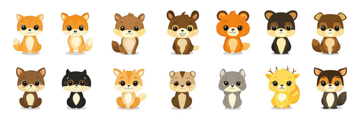 Obraz premium Cute cartoon animals in sticker set featuring various adorable characters like foxes, bears, and cats. Each animal has unique expression, perfect for adding charm to any project
