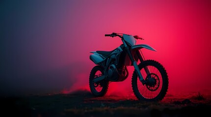 A white dirt bike stands against a vibrant red and blue gradient background, exuding a sense of speed and power