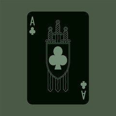 Ace of Clubs, playing poker card in black design. Isolated vector illustration. Editable stroke lines.