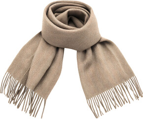 A soft beige scarf with fringes isolated on a transparent background, showcasing cozy winter fashion and textile texture
