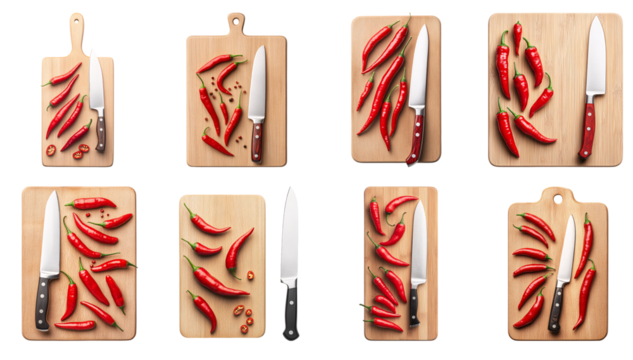 Collection of various a chopping board with chili peppers and a sharp chef’s knife arranged artistically isolated on white transparent background PNG set