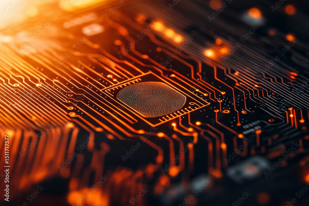 Poster close-up of a circuit board with a fingerprint sensor and glowing elements. cybersecurity data prote