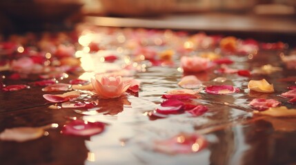 Rose petals float in a soothing foot spa, soft reflections on water surface. A moment of calm and relaxation.