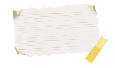A torn, lined piece of paper with rolled edges and a yellow adhesive tape strip at the bottom right, suggesting a note or memo
