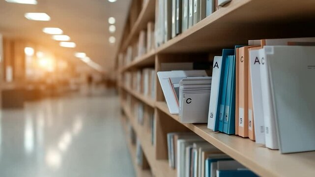 Bookshelf with documents in library archive close up