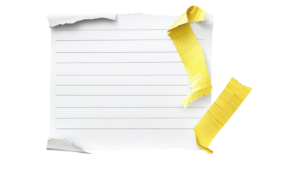 A torn, lined paper sheet with yellow tape accents, suggesting a note or memo; edges are ragged and uneven, giving a distressed, handmade feel