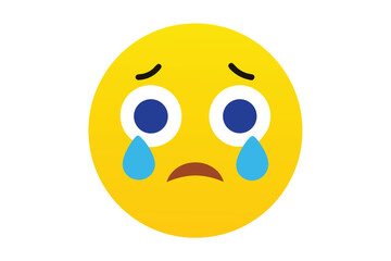 Sad yellow emoji face crying big blue tears illustration