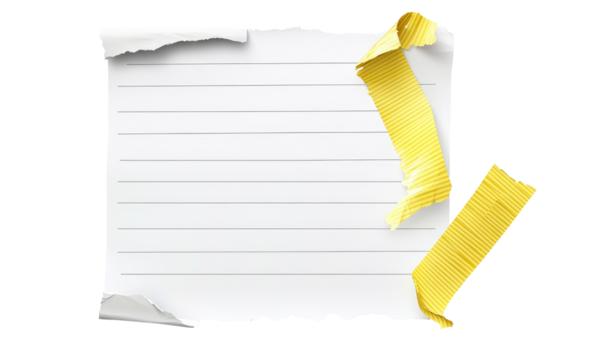 A torn, lined paper sheet with yellow tape accents, suggesting a note or memo; edges are ragged and uneven, giving a distressed, handmade feel