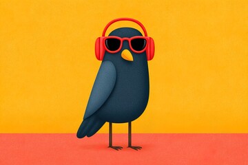 Stylish black bird sporting red headphones enjoys music against bright backdrop