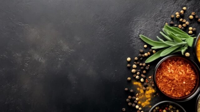 Variety of vibrant spice powders and herbs in dark bowls arranged on dark background with ample copy space for recipe creation