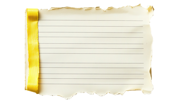A burnt-edged, lined paper sheet with a yellow ribbon, suggesting age and a vintage aesthetic, ready for text or notes