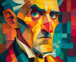 Fototapeta premium Abstract Cubist Man Portrait with Intense Expression and Bold Colors