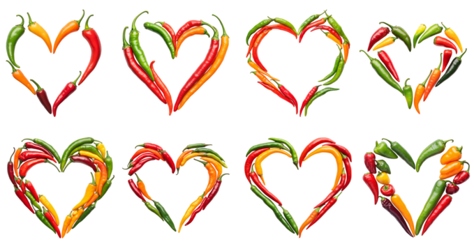 Collection of various a heart shape formed using a variety of chili peppers in different colors isolated on white transparent background PNG set