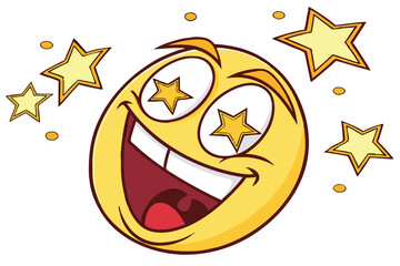 Cheerful yellow emoji face with golden star eyes