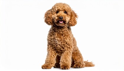 light brown curly fur dog sitting with friendly expression isolated on t white