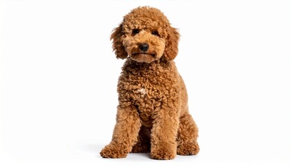 light brown curly fur dog sitting with friendly expression isolated on t white