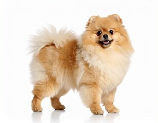  small dog with light tan curly fur standing isolated on white background 