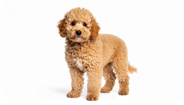  small dog with light tan curly fur standing isolated on white background 