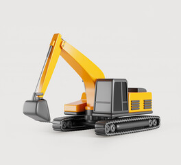 Yellow hydraulic excavator 3d render icon. Heavy industrial machinery, caterpillar backhoe with bucket and arm. JCB digger for construction, mining and excavation engineering works. 3D illustration